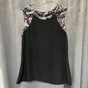 Black Sleeveless High-Neck Satin-y Dress Shirt w/ Abstract Floral Pattern Sz M